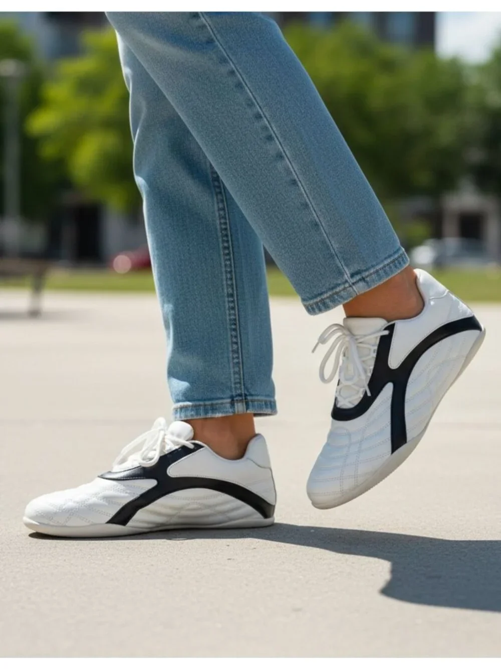 Quilted White Sneakers With Black Contrast Detailing Womens Casual Athletic Shoe